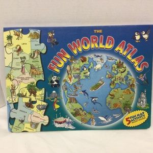 Puzzle Activity Map World Atlas Page Hard cover Book Educational Fun Atl…